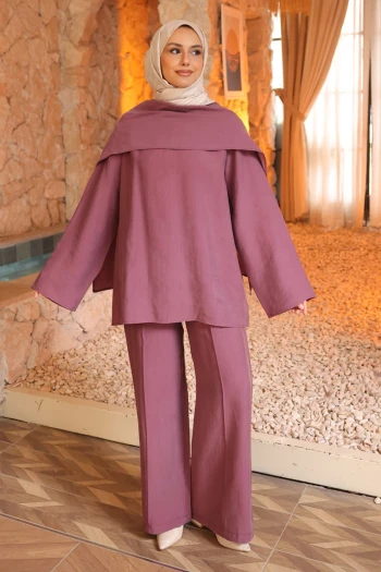 Mürdüm Şal Detaylı Tunik Pantolonlu Takım