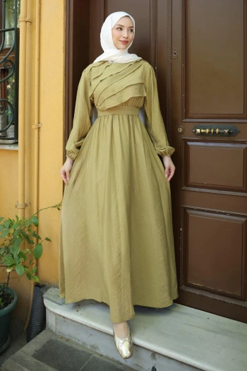 Olive Fırfır Katlı Bel Lastikli Elbise