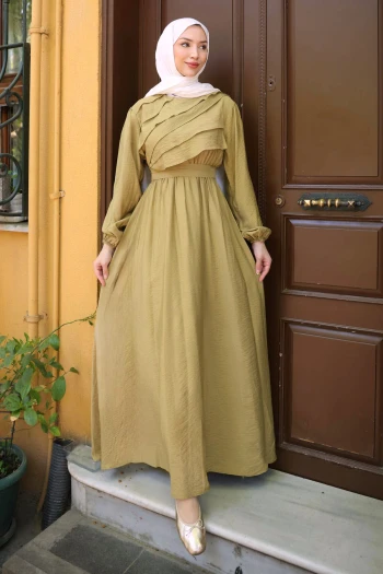 Olive Fırfır Katlı Bel Lastikli Elbise