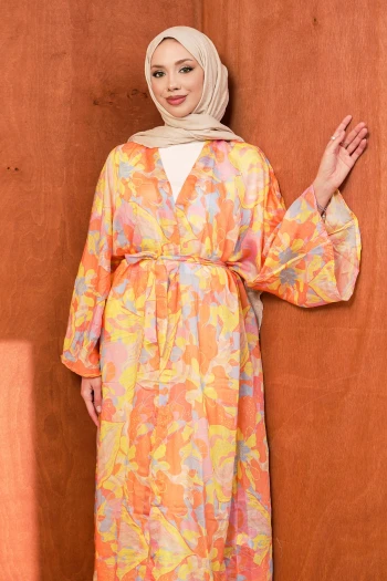 Oranj Bel Bağlamalı Desenli Uzun Salaş Kimono