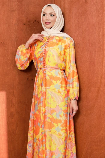 Oranj Desenli Yaka Düğmeli Elbise