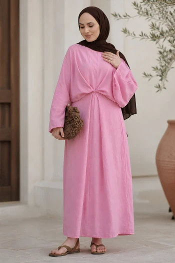 Pembe Bağlama Detaylı Salaş Müslin Elbise