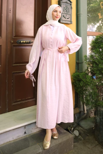 Pembe Bel Bağlamalı Düğmeli Elbise
