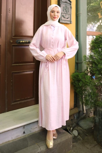 Pembe Bel Bağlamalı Düğmeli Elbise
