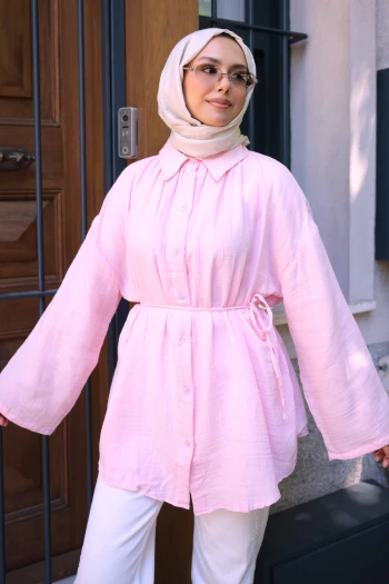 Pembe Geniş Kol Salaş Müslin Tunik