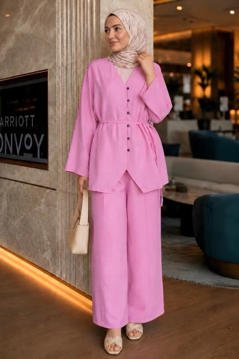 Pembe İp Bağlamalı Gömlek Pantolonlu Takım