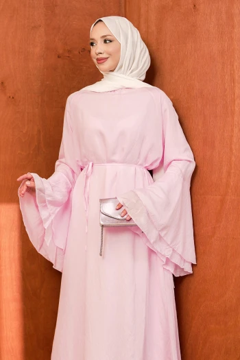 Pembe İspanyol Kol Bel Bağlamalı Tül Elbise
