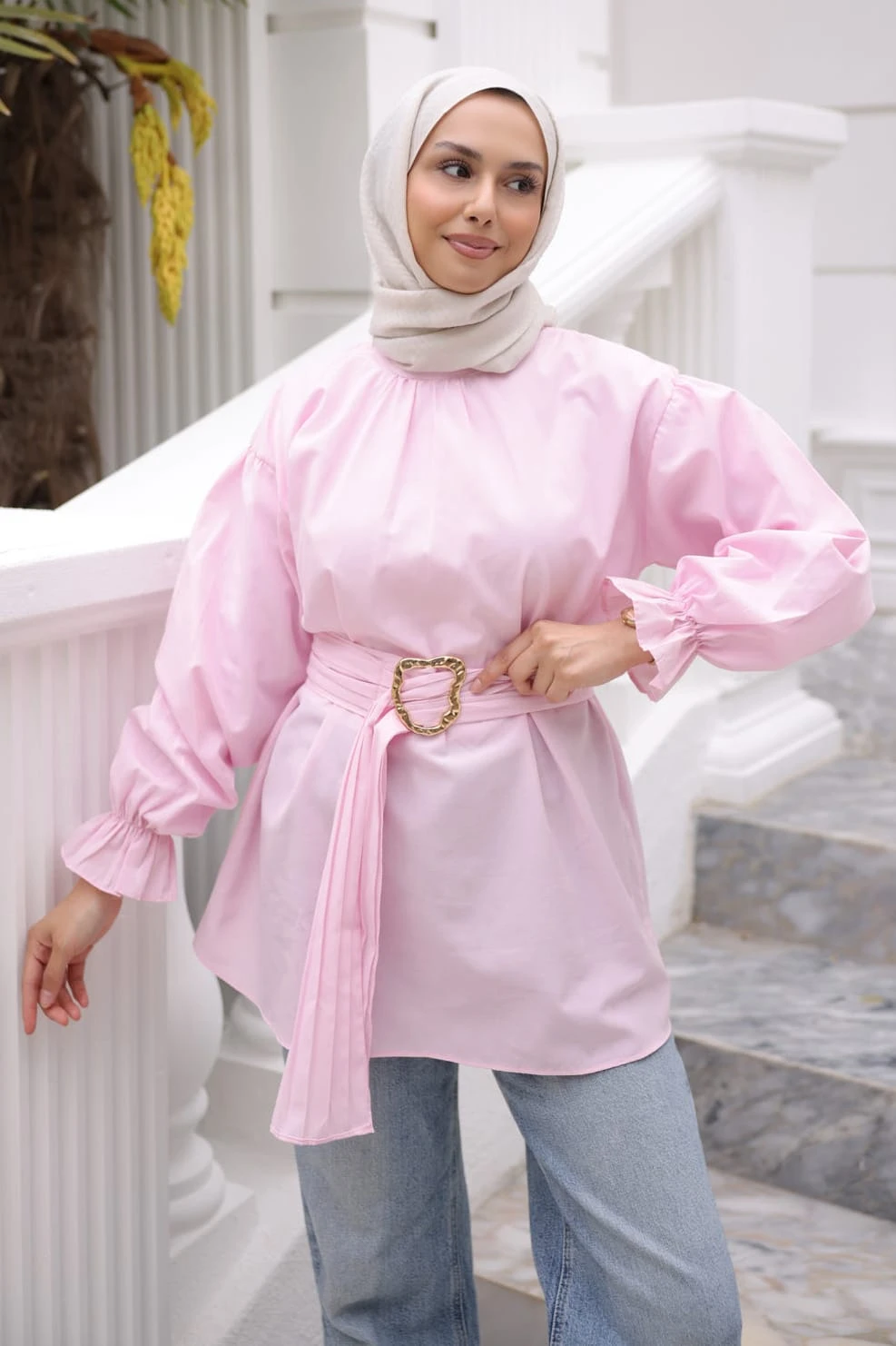 Pembe Kol Lastikli Kemerli Gömlek