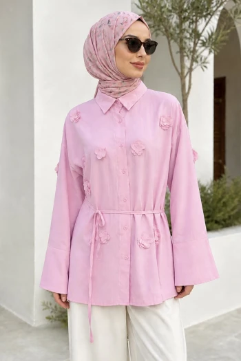 Pembe Lazer Kesim Çiçek Detaylı Modal Dokuma Gömlek