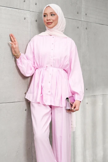 Pembe Nervür Detaylı Tunik Pantolonlu Takım