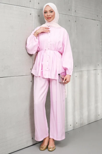 Pembe Nervür Detaylı Tunik Pantolonlu Takım