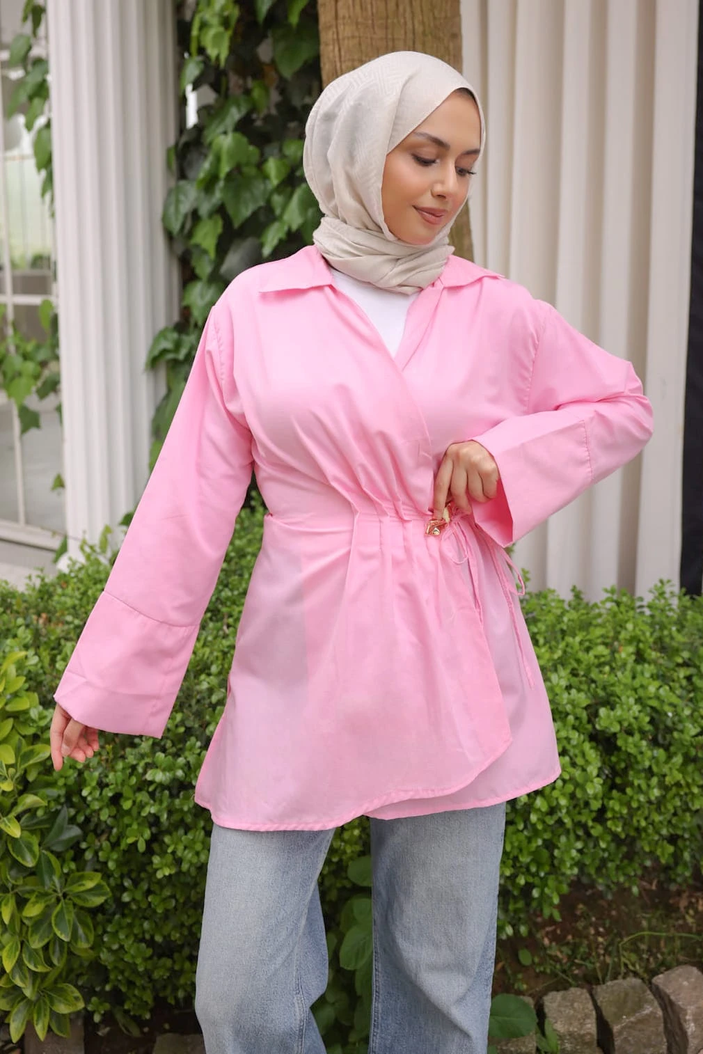 Pembe Ön Bağlamalı Bronş Detaylı Kimono