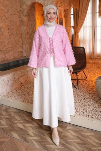 Pembe Ön Bağlamalı Püsküllü Kimono