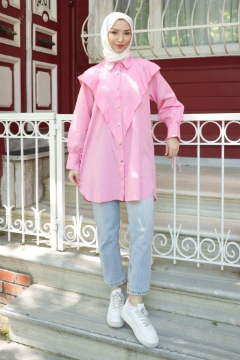 Pembe Ön Detaylı Kol Bağlamalı Tunik