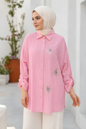 Pembe Pul Nakışlı Kol Katlamalı Gömlek