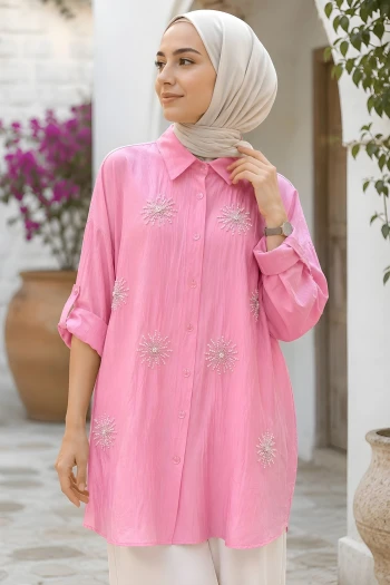 Pembe Pul Nakışlı Kol Katlamalı Gömlek