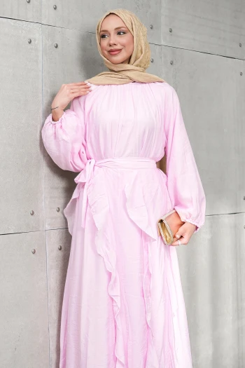 Pembe Seyyar Etekli Balon Kol Elbise