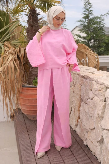 Pembe Yarasa Kol Bluz Pantolonlu Müslin Takım