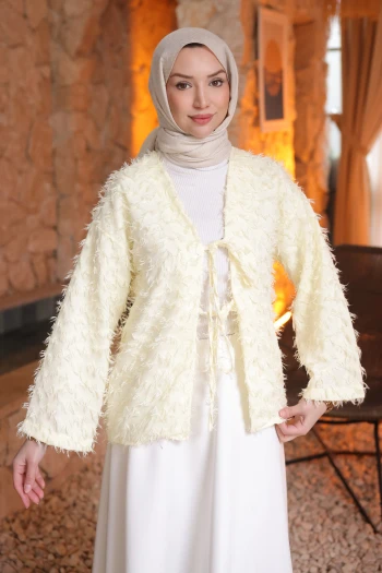 Sarı Ön Bağlamalı Püsküllü Kimono