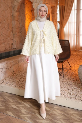 Sarı Ön Bağlamalı Püsküllü Kimono