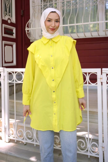 Sarı Ön Detaylı Kol Bağlamalı Tunik