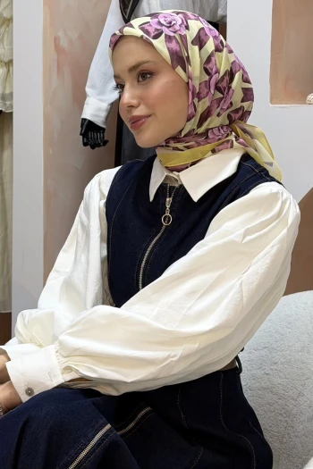 Sarı/Pembe Desenli İpek Eşarp