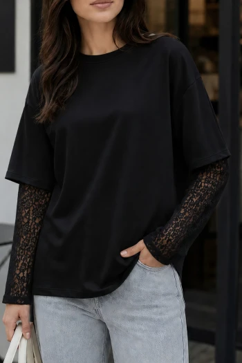 Siyah Bisiklet Yaka Kol Dantelli T-Shirt
