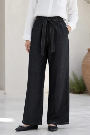Siyah Kemerli Tencel Palazzo Pantolon