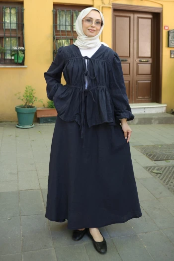 Siyah Ön Bağlamalı Kol Lastikli Kimono Etekli Takım