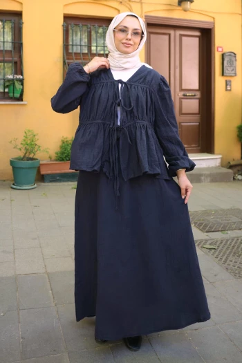 Siyah Ön Bağlamalı Kol Lastikli Kimono Etekli Takım
