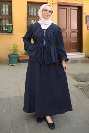 Siyah Ön Bağlamalı Kol Lastikli Kimono Etekli Takım