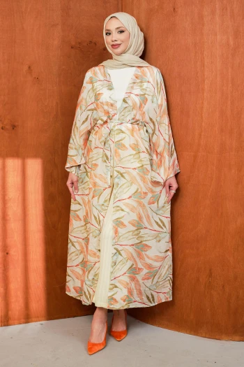 Taş Bel Bağlamalı Desenli Uzun Salaş Kimono