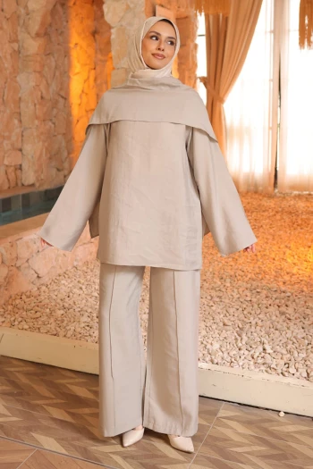 Taş Şal Detaylı Tunik Pantolonlu Takım