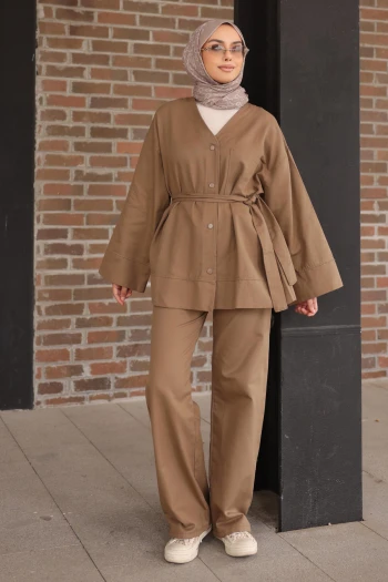 Vizon Kuşaklı Ceket Pantolonlu Gabardin Takım