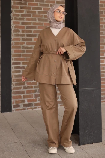 Vizon Kuşaklı Ceket Pantolonlu Gabardin Takım