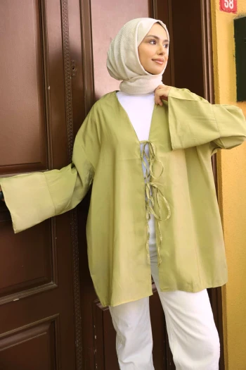 Yağ Yeşili Ön Bağlamalı Kimono