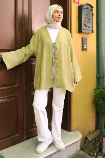 Yağ Yeşili Ön Bağlamalı Kimono