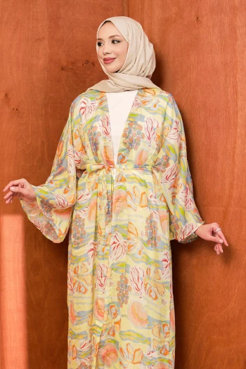 Yeşil Bel Bağlamalı Desenli Uzun Salaş Kimono