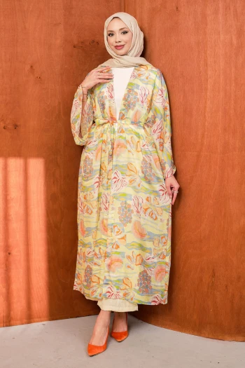 Yeşil Bel Bağlamalı Desenli Uzun Salaş Kimono