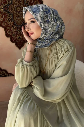 Yeşil Mavi Desenli Soft Eşarp