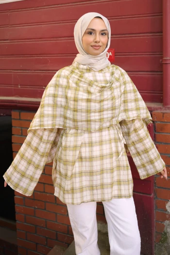 Yeşil Şal Detaylı Ekose Tunik