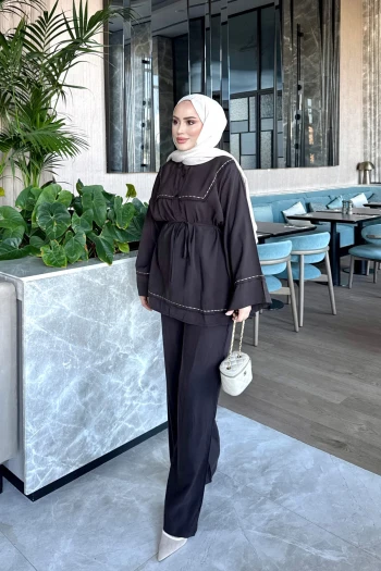 Acı Kahve Bel Bağlamalı Tunik Pantolonlu Takım