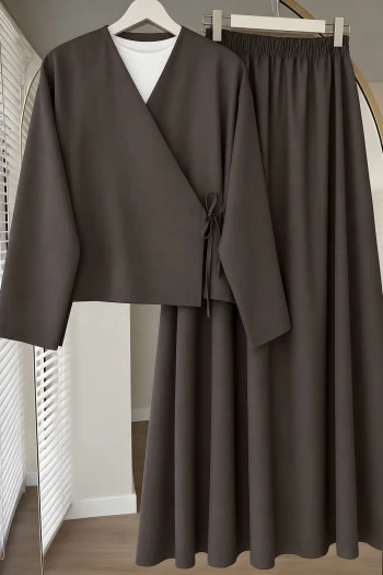 Acı Kahve Yandan Bağlamalı Dabıl Kimono Etekli Takım
