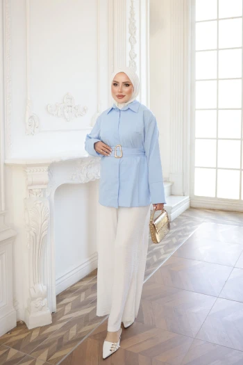 Bebe Mavi Beli Kemerli Düğmeli Tunik