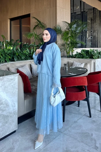 Bebe Mavi Dikiş Detaylı Bluz Etekli Takım