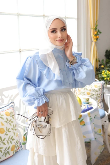 Bebe Mavi Önü Fırfırlı Kol Lastikli Gömlek