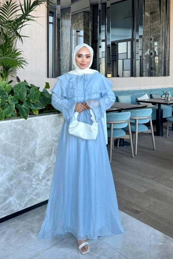 Bebe Mavi Yaka Fırfırlı Bel Lastikli Elbise