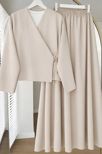 Bej Yandan Bağlamalı Dabıl Kimono Etekli Takım