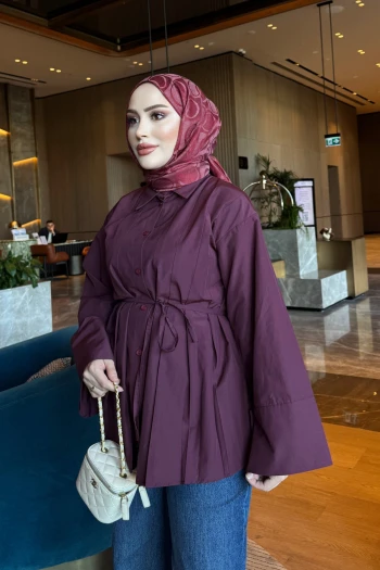 Bordo Bel Bağlamalı Düğmeli Gömlek