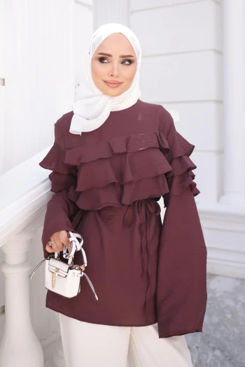 Bordo Bel Bağlamalı Katlı Gömlek